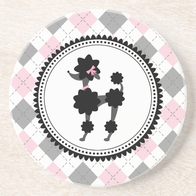 Dessous De Verre En Grès Jacquard noir de caniche/rose et de gris (Devant)