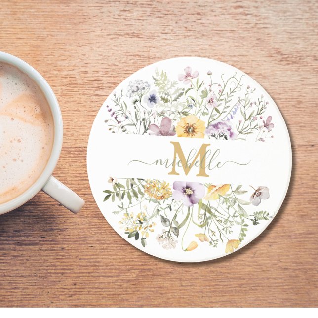 Dessous De Verre En Grès Jardin De Fleurs Sauvages Coloré Monogramme Élégan (In situ)