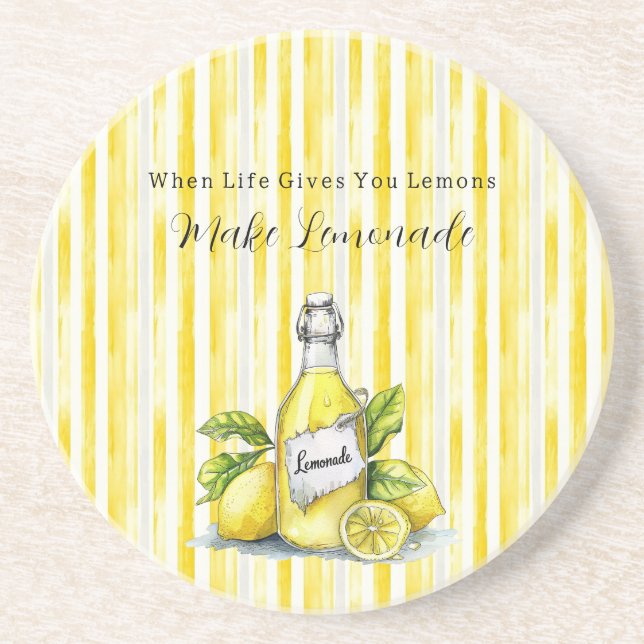 Dessous De Verre En Grès Jaune Citron Rayures Blanches (Devant)