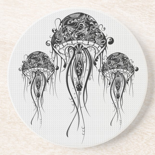 Dessous De Verre En Grès Jellyfish noir et blanc - Tattoo Art (Devant)