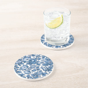 Dessous De Verre En Grès Joli Boho bleu et blanc floral