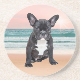 Dessous De Verre En Grès Joli Bouledogue Français Plage Soleil Eau