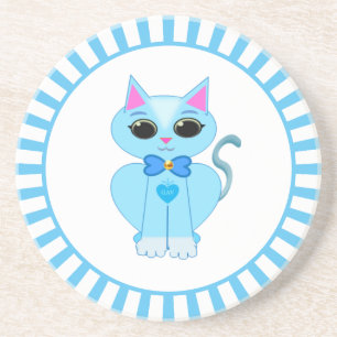 Dessous De Verre En Grès Joli chaton de dessin animé bleu clair et rayons