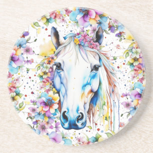Dessous De Verre En Grès Joli Cheval Blanc Floral Violet et Rose