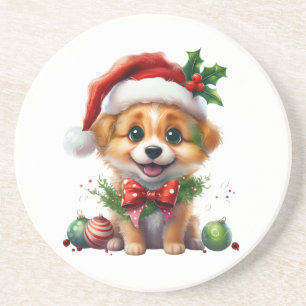 Dessous De Verre En Grès Joli chiot de Noël avec le chapeau de Père Noël et