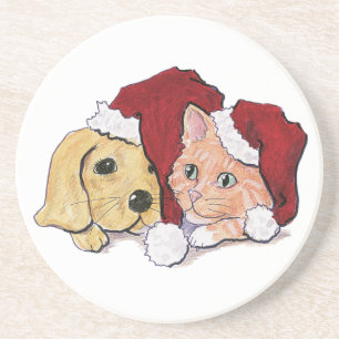 Dessous De Verre En Grès Joli Christmas Labrador Puppy et Orange Tabby