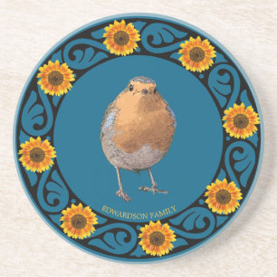 Dessous De Verre En Grès Joli joli Robin oiseau nom monogramme de tournesol