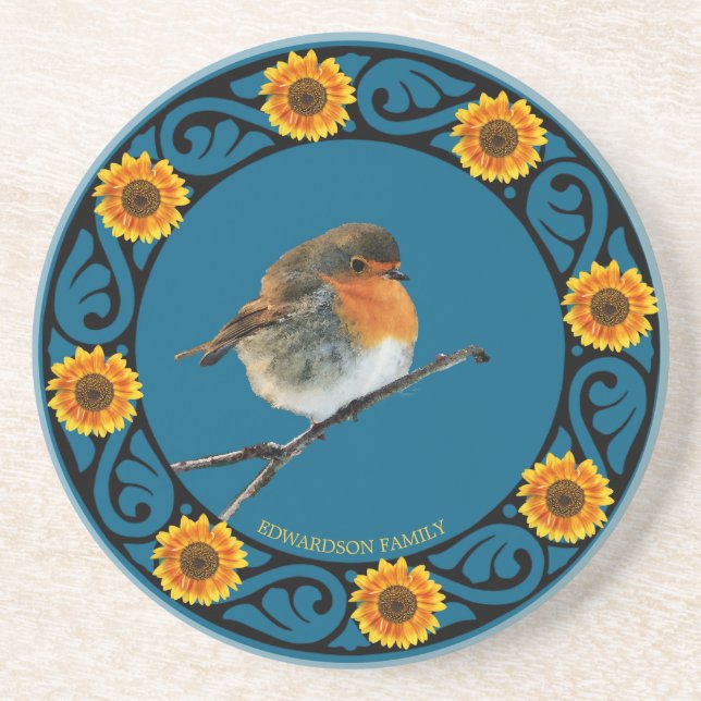 Dessous De Verre En Grès Joli joli Robin oiseau nom monogramme de tournesol (Devant)