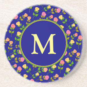 Dessous De Verre En Grès Joli motif de rose bleue avec monogramme