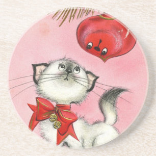 Dessous De Verre En Grès Joli Noël Retro Chat Chat Vintage Chat Arbre rose