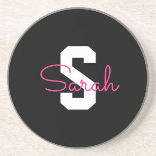 Dessous De Verre En Grès Joli nom et monogramme Noir blanc et rose