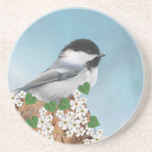 Dessous De Verre En Grès Joli petit oiseau et fleurs sur fond bleu ciel