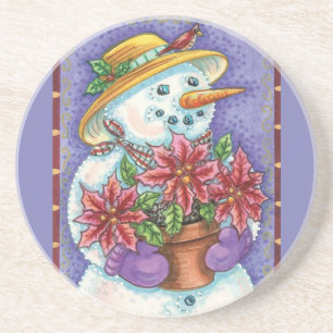 Dessous De Verre En Grès Jolie fille de Noël Snowman avec Poinsettia