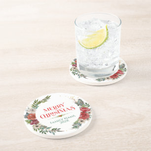 Dessous De Verre En Grès Joyeuse typographie de Noël & couronne florale