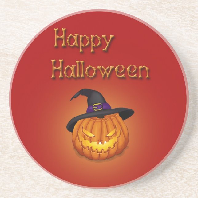 Dessous De Verre En Grès Joyeux Citrouille Halloween avec Casquette (Devant)