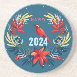 Dessous De Verre En Grès Joyeux Noël et Bonne Année ! Oiseau rouge 2024