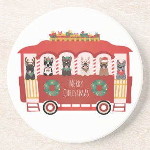 Dessous De Verre En Grès Joyeux Noël Français Bulldogs Vacances Trolly