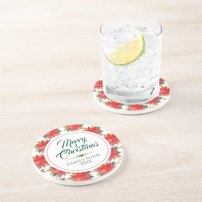 Dessous De Verre En Grès Joyeux Noël Typographie & Poinsettia Motif (Côté)