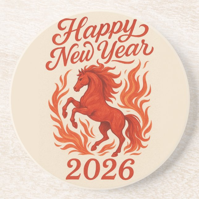 Dessous De Verre En Grès Joyeux Nouvel An 2026 Cheval Fiery (Devant)