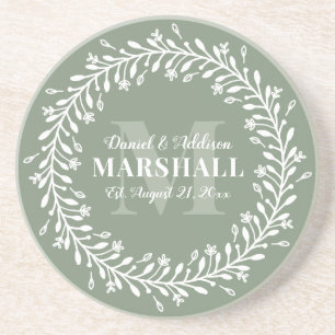 Dessous De Verre En Grès Keepsake Newlywed Couple Green Wreath Monogram