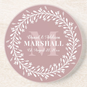 Dessous De Verre En Grès Keepsake Newlywed Couple Pink Wreath Monogram