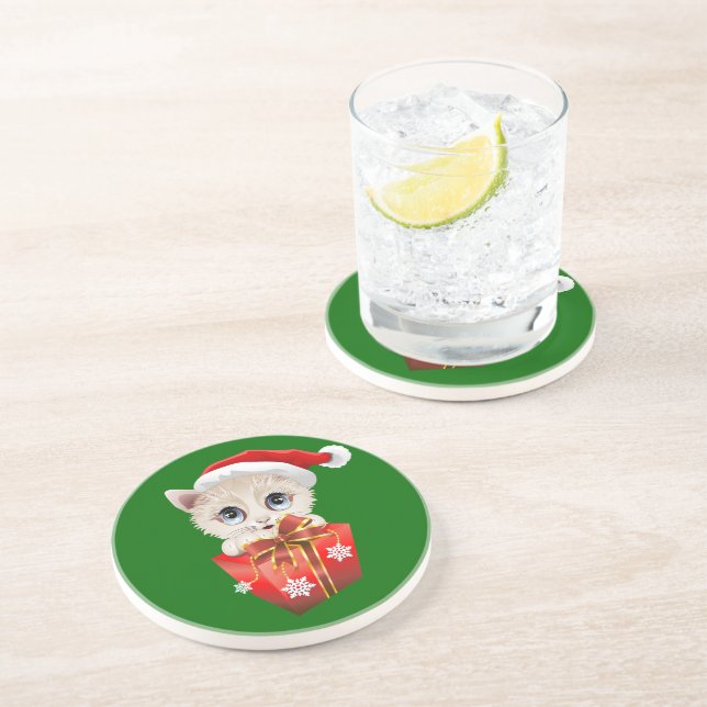 Dessous De Verre En Grès Kitten Noël Père Noël avec cadeau (Côté)