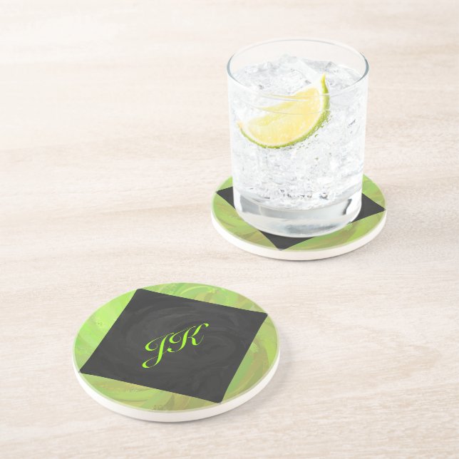 Dessous De Verre En Grès Kiwi Bash Vert et noir Monogramme (Côté)
