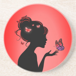 Dessous De Verre En Grès La femme papillons rouges Coaster