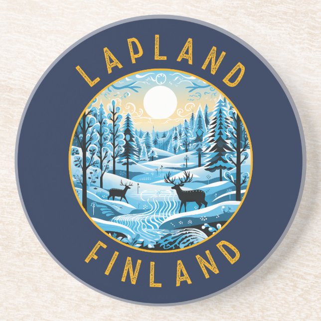 Dessous De Verre En Grès Laponie Finlande Cerf Retro Cercle désorganisé (Devant)