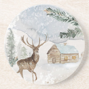 Dessous De Verre En Grès Le cerf d'aquarelle en forêt d'hiver Noël