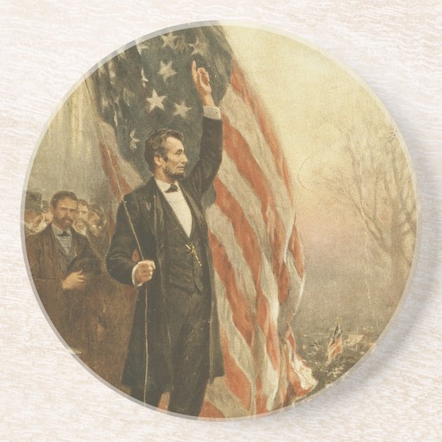 Dessous De Verre En Grès Le Président Abraham Lincoln sous le drapeau (Devant)