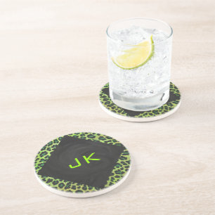 Dessous De Verre En Grès Léopard noir et vert avec Monogramme