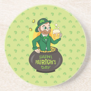Dessous De Verre En Grès Leprechaun de dessin dans une casserole d'or tenan
