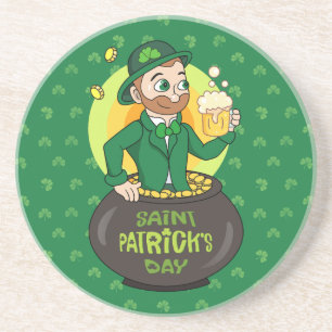 Dessous De Verre En Grès Leprechaun de dessin dans une casserole d'or tenan