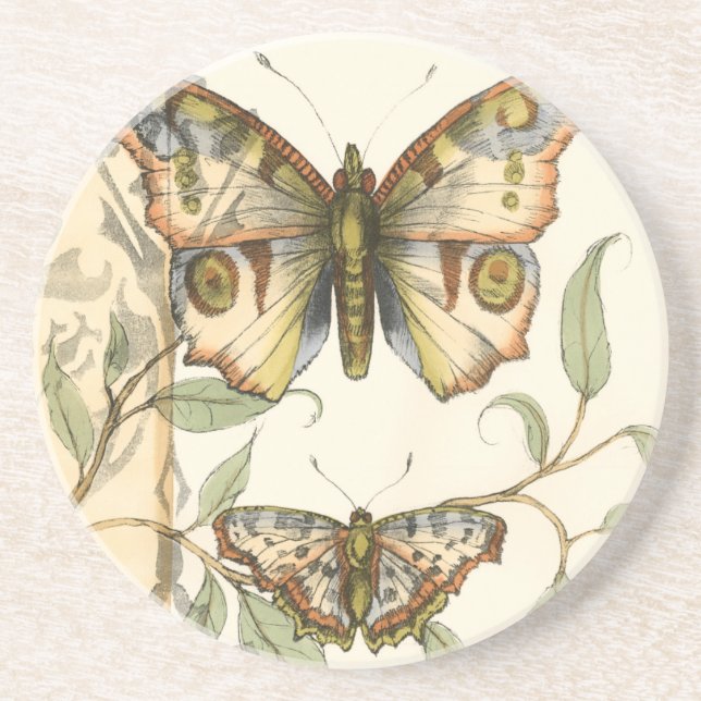Dessous De Verre En Grès Les papillons Tandem sur les Feuilles verts (Devant)