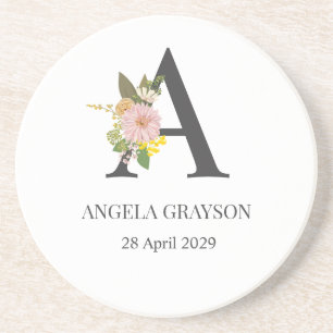 Dessous De Verre En Grès Lettre A Monogramme Floral Nom et Date Personnalis