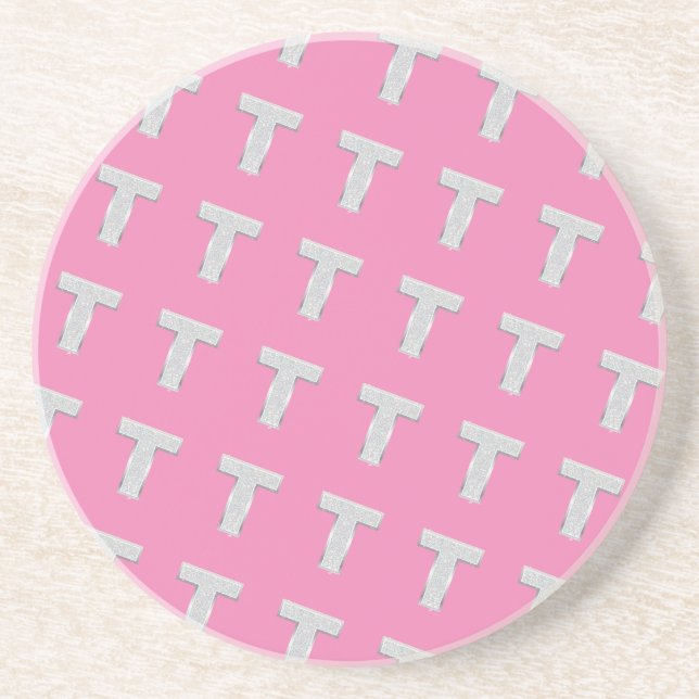 DESSOUS DE VERRE EN GRÈS LETTRE ARGENT ROSE T (Devant)