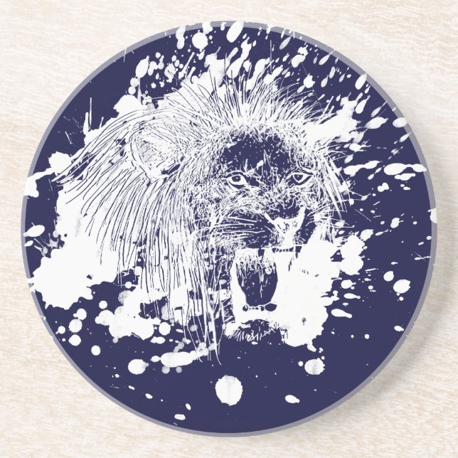 Dessous De Verre En Grès Lion rugissant en blanc (Devant)