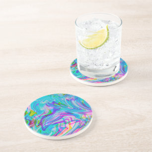 Dessous De Verre En Grès Liquide Psychédélique Motif Abstrait Coloré Bleu