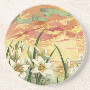 Dessous De Verre En Grès Lis de Pâques vintage au lever du soleil et anges