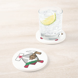 Dessous De Verre En Grès Logo du marteau de rock du géologue avec drapeau d