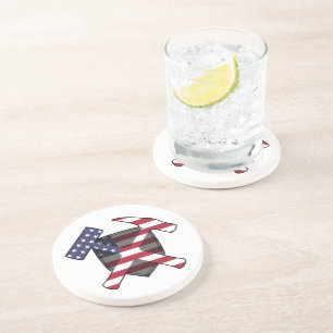 Dessous De Verre En Grès Logo du marteau de rock géologue avec drapeau amér