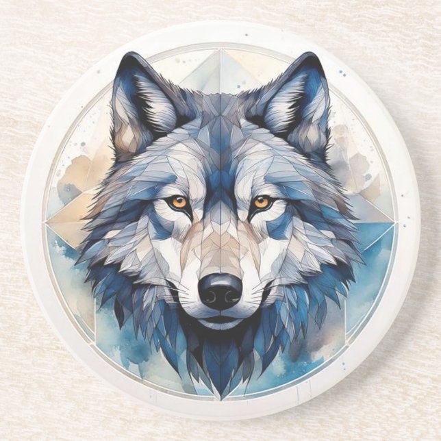 Dessous De Verre En Grès Loup aquarelle géométrique (Devant)