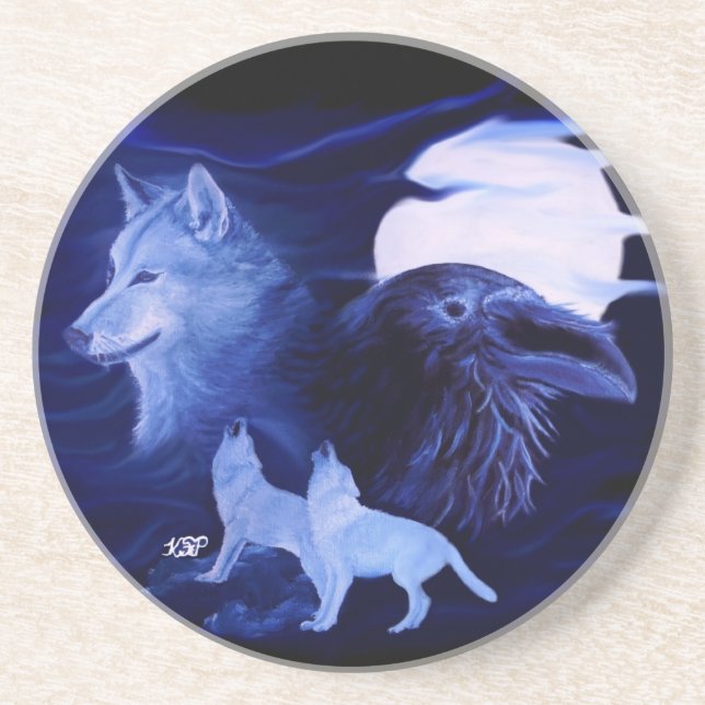 Dessous De Verre En Grès Loup et corbeau avec pleine lune (Devant)