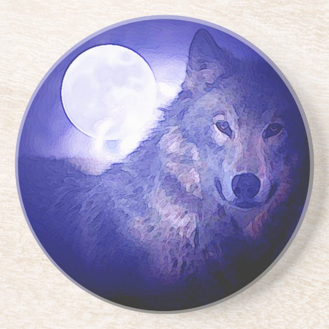 Dessous De Verre En Grès Loup, Lune et Nuit Bleue (Devant)
