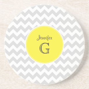 Dessous De Verre En Grès Lt Grey Blanc Chevron rond Nom jaune Monogramme B