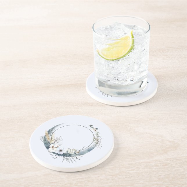 Dessous De Verre En Grès Lune de croissant bleu avec fleurs blanches (Côté)