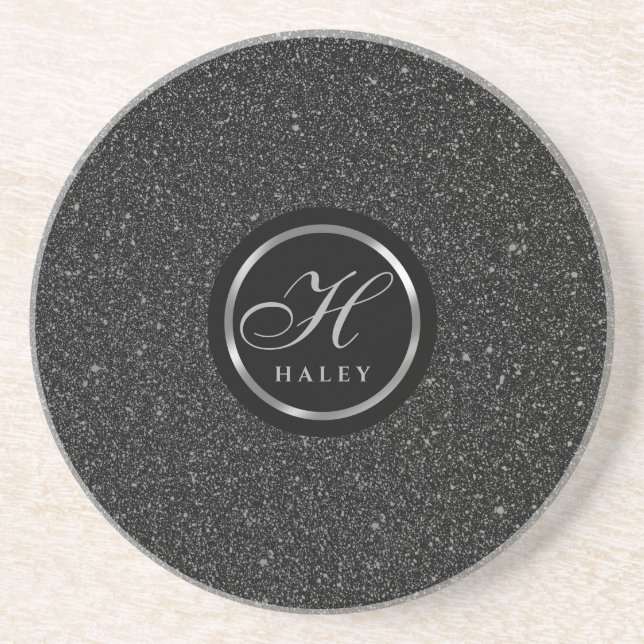 Dessous De Verre En Grès Luxe Black Sparkles Parties scintillant Monogramme (Devant)