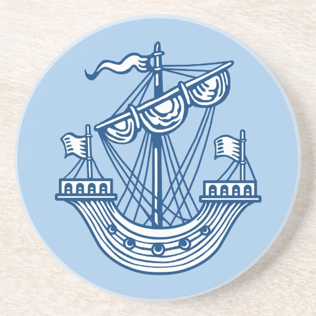 Dessous De Verre En Grès Lymphad (Bateau héraldique) - Indigo Style Blue (Devant)