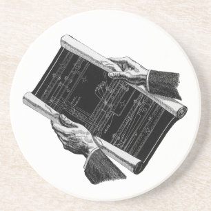 Dessous De Verre En Grès Mains avec plans architecturaux bleus, Entreprise 